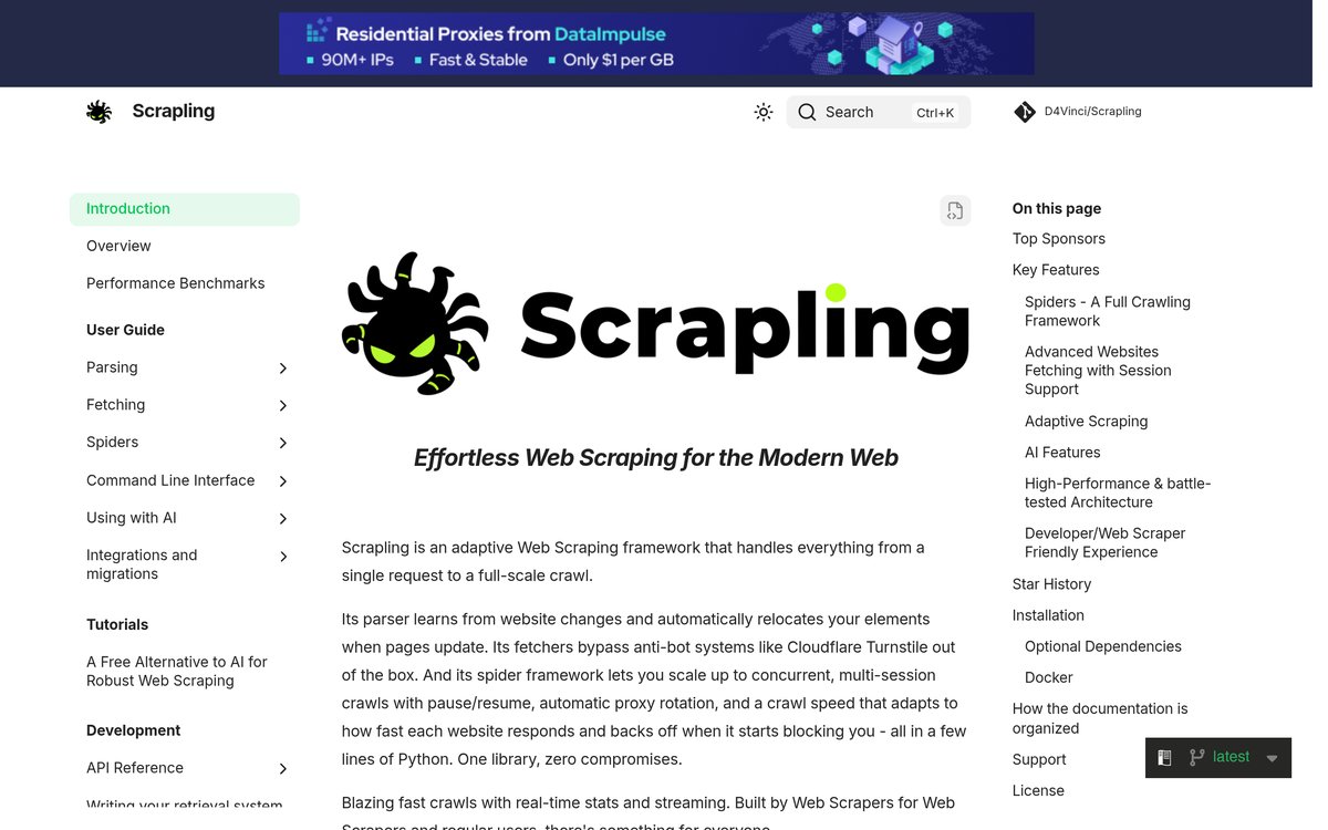 Scrapling 官网截图
